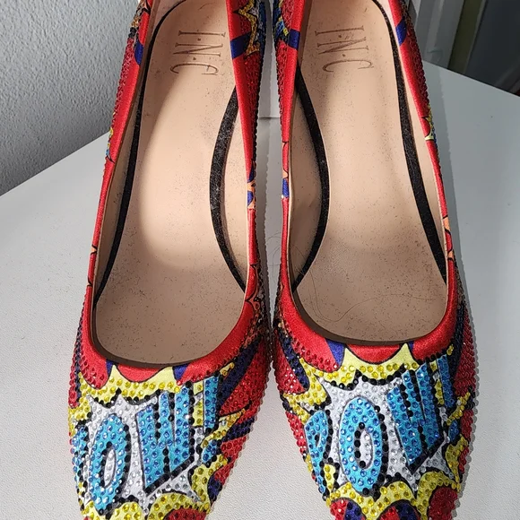 INC International Concepts Red Comic-Print Pointed-Toe Crystal Heels - Picture 4 of 12